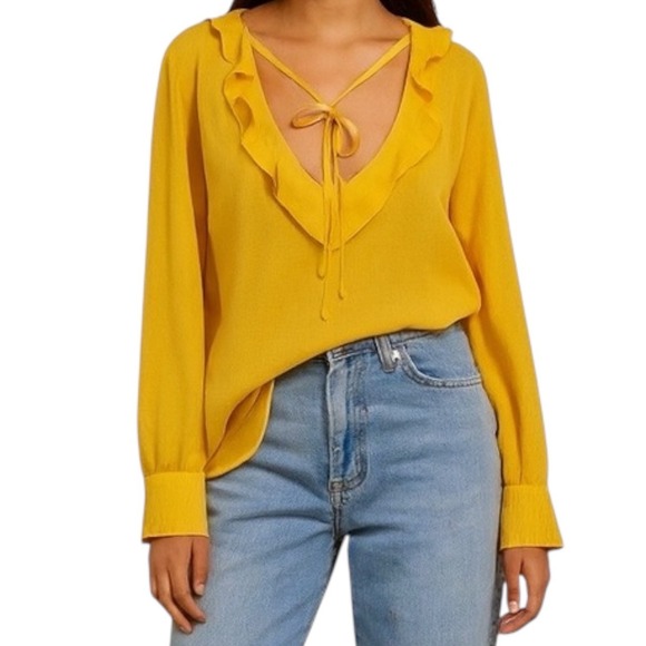 JustFab Tops - JustFab Yellow Ruffle Blouse M Tie Neck Long‎ Sleeve Boho Feminine Lightweight